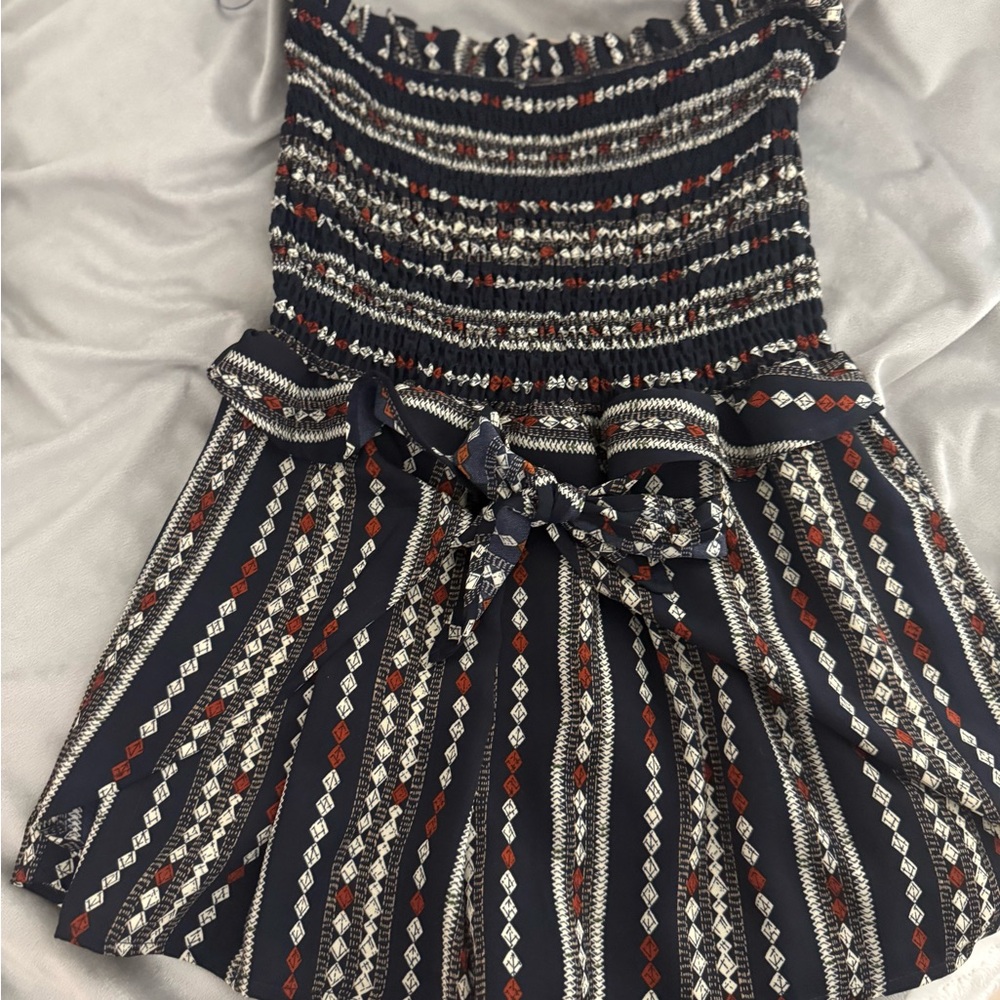 Vintage Havana Navy Smocked Romper with Rust & Cream Pattern